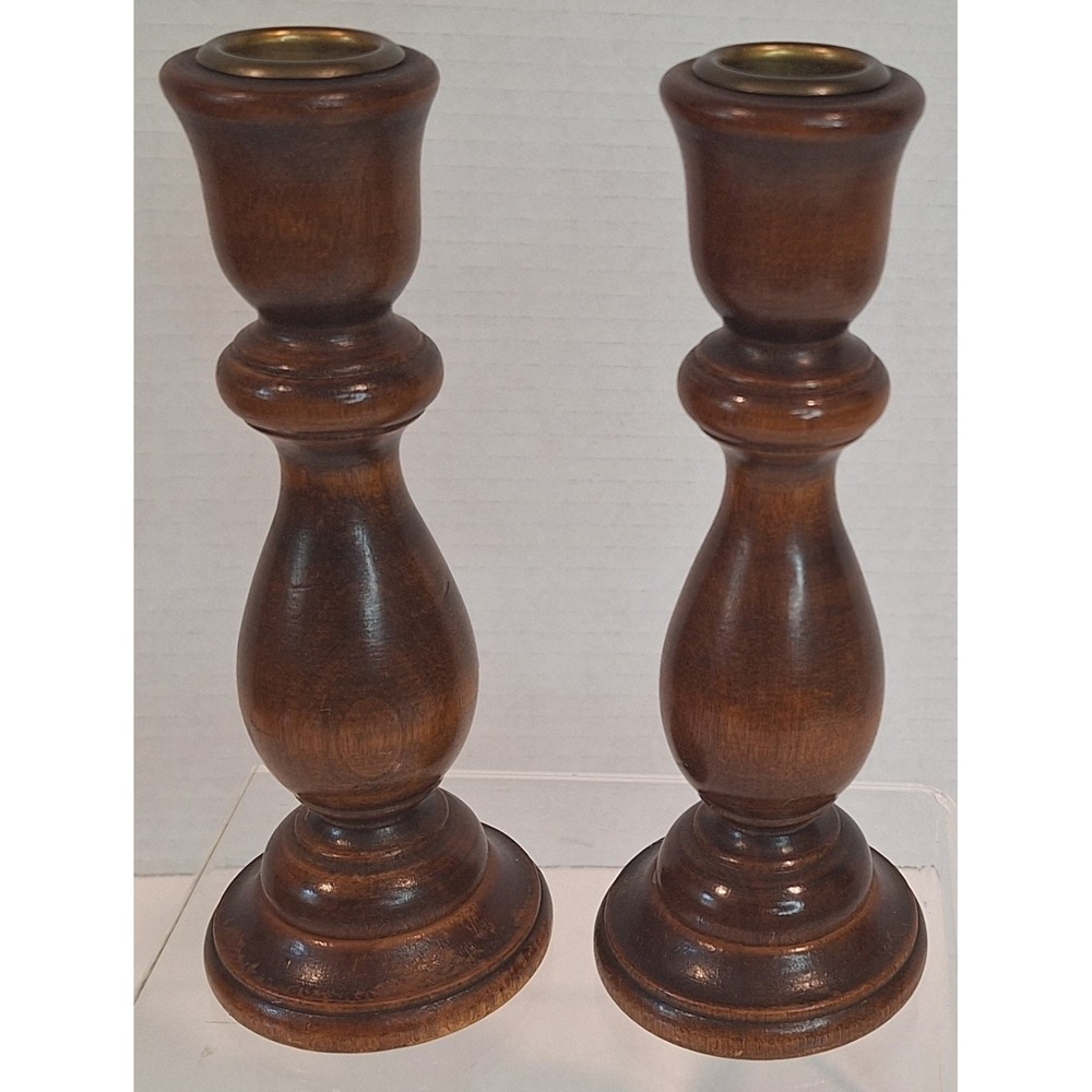 Vintage Turned Wood Candlestick Holders Pair Dark Brown Brass Inset 6.75 Inch - Picture 3 of 8